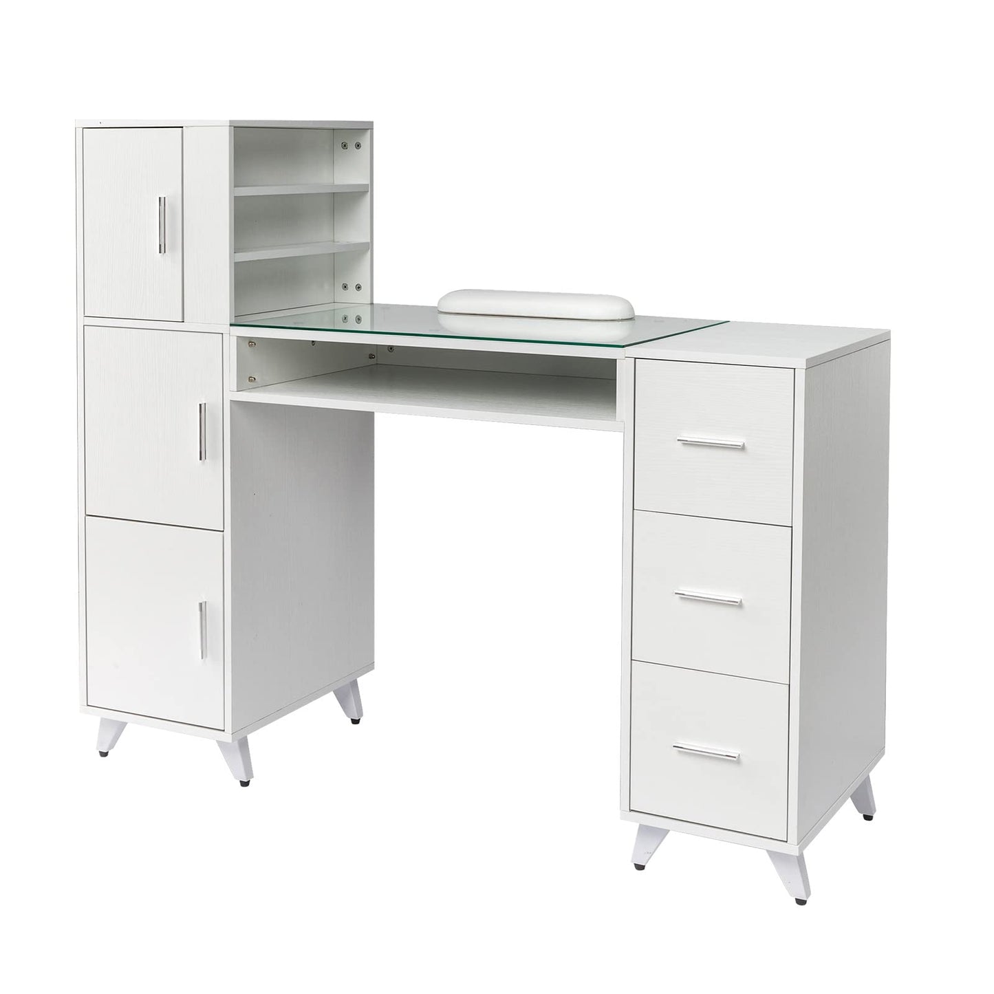 OmySalon Manicure Table Nail Desk for Nail Tech w/Glass Top & Wrist Rest, Beauty Salon Nail Supplies Decor Workstation Acetone Resistant w/3 Side Cabinet+3 Drawers+3 Layers Open Cabinet+1 Open Drawer