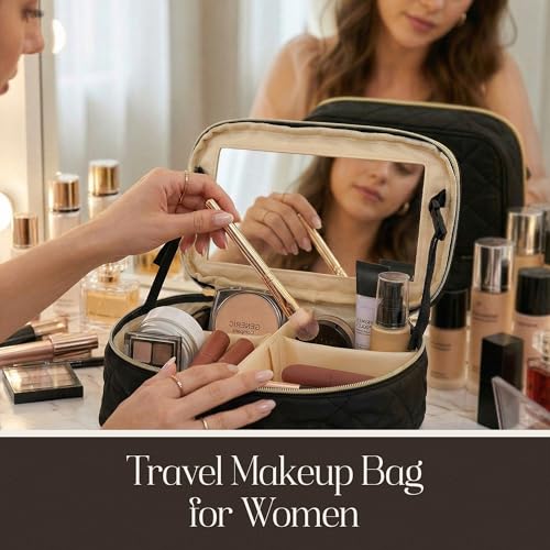aura'vi Travel Makeup Bag with Mirror - Medium Black Cosmetic Organizer