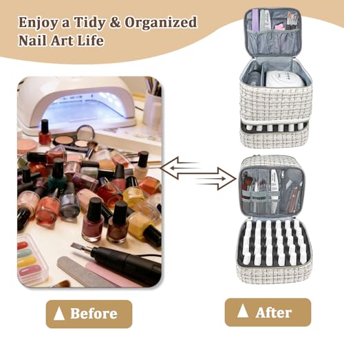 JEWHITENY White Nail Polish Organizer Bag for 30 Bottles & Lamp