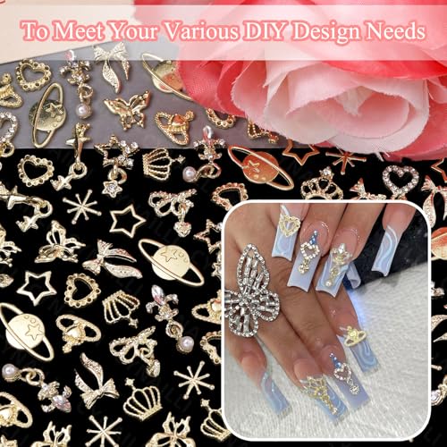 Cynailli 110 Pcs Gold Nail Charms & Gems Set - S1 Color Dangle Star Heart Bow Jewelry Accessories