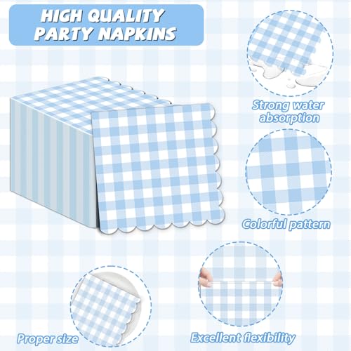50Pcs Light Blue Plaid Scalloped Napkins - 6.5in Paper Party Supplies