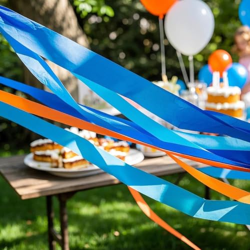 Blue and Orange Crepe Paper Streamers - 6 Rolls for Party Decor