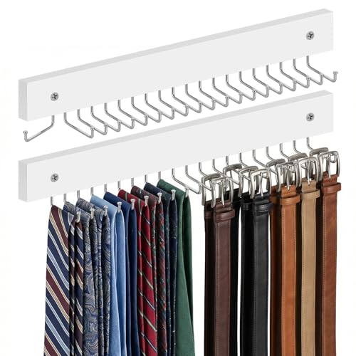 Wall-Mounted Wooden Tie Rack Organizer - 2 Pcs with 40 Hooks
