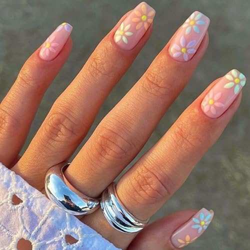 Pink Flower Press-On Nails | Short Square Acrylic Fake Nails - 24 Pcs