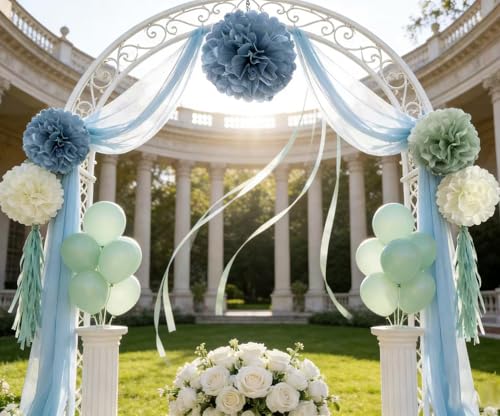 Sage Green & Dusty Blue Tissue Pom Poms - 10-Pack Party Decorations