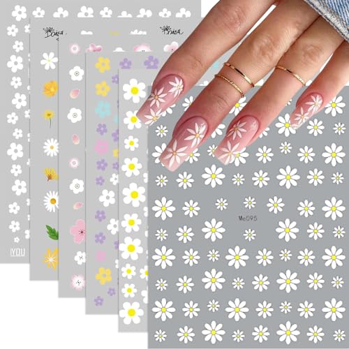 6 Sheets Flower Nail Art Stickers - Cute Daisy Nail Decals