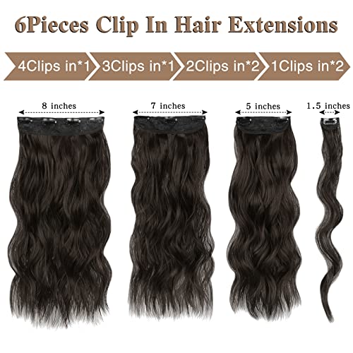 WECAN 20 Inch Clip-In Hair Extensions - Long Wavy Synthetic Brown Black