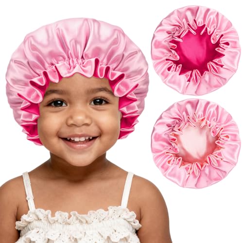 Kids Satin Bonnet Set 2 pcs for Girls 3-12 Years Rosegold & Hotpink - Double Layer Silk Baby Sleep Caps