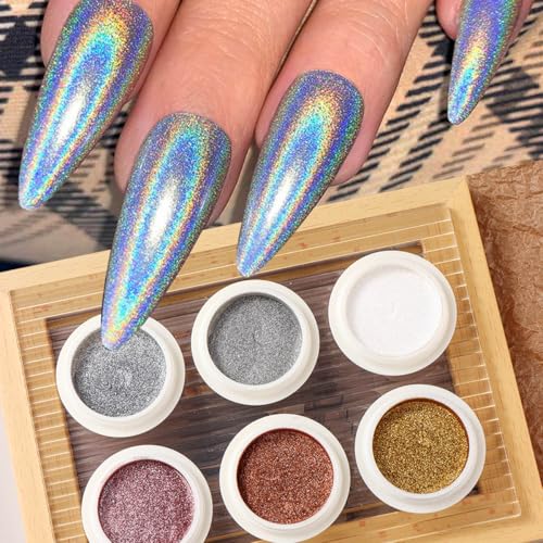 6-Color Chrome Nail Powder Set - Metallic Holographic Pigments