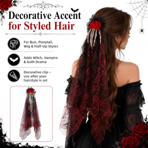 Gothic Skeleton Hand Hair Clip with Rose Veil - 25.2 in