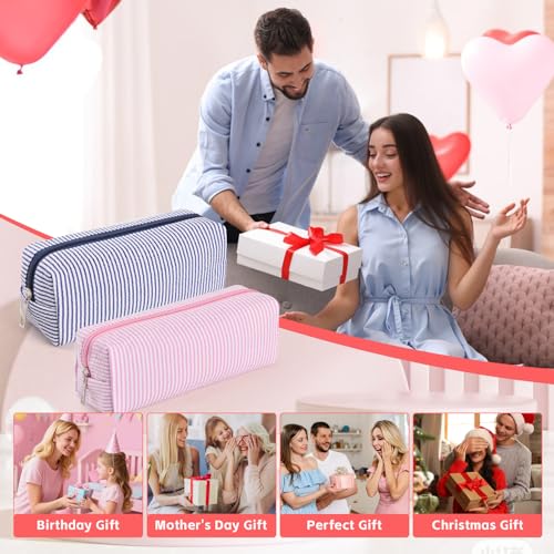 2-Piece Seersucker Makeup Bag Set - Aesthetic Cosmetic & Travel Organizer