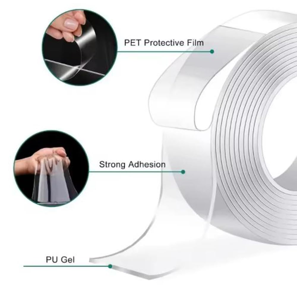 1roll Double Sided Tape Super Strong Adhesive Tapes Reusable Washable Waterproof Transparent Tape Tools for Home Office (5CM*1M)