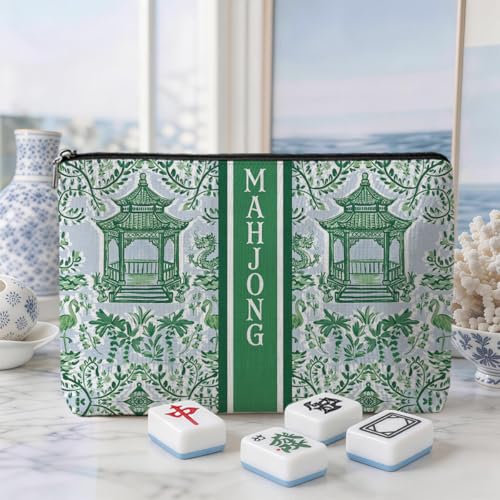 Multicolor Green Chinoiserie Mahjong Tile Bag with Makeup Storage - Blue Leaves