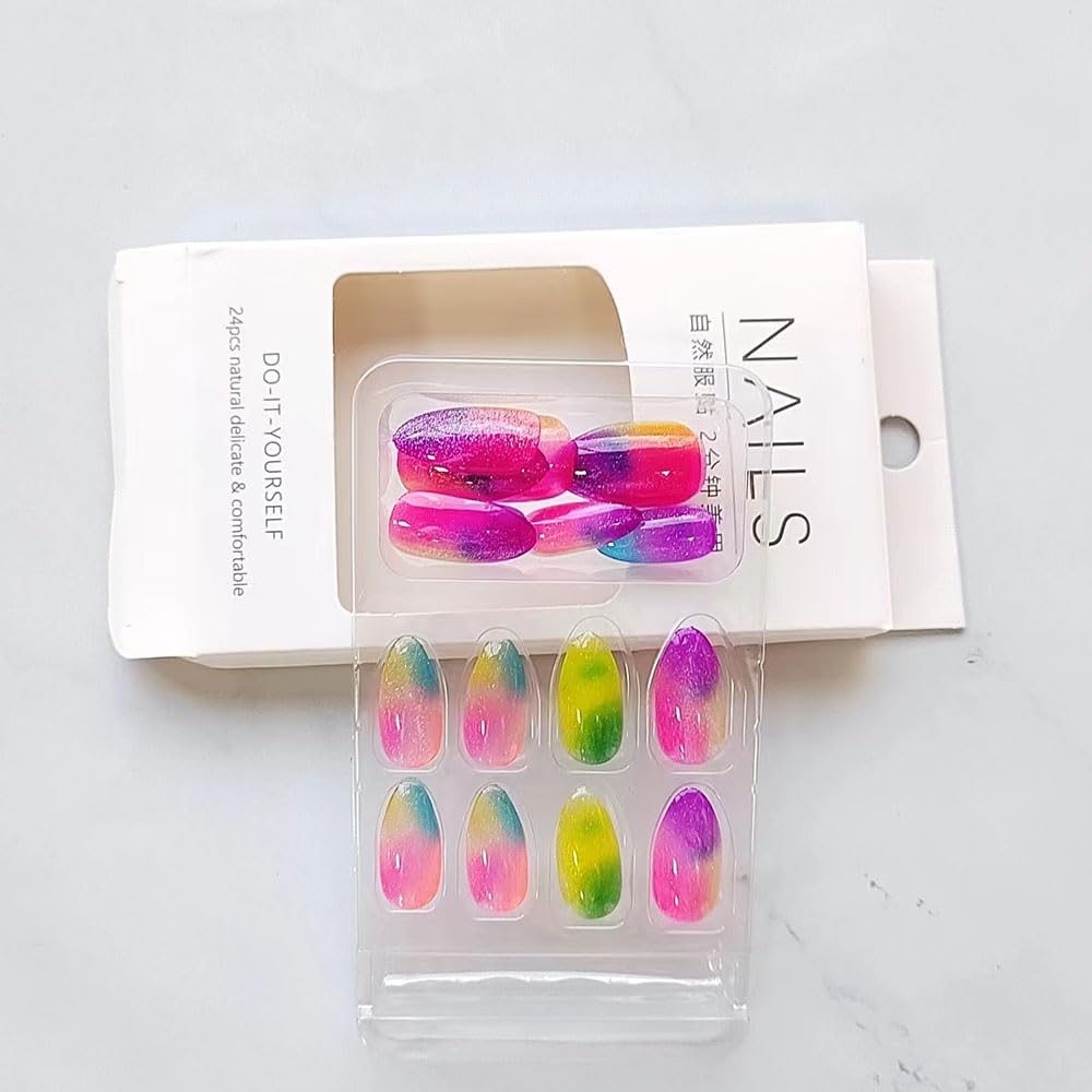 Colorful Cat Eye Press-On Nails - 24 Pcs Short Almond Acrylic Tips | Rainbow Glitter Design