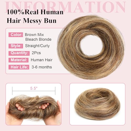 2Pcs Messy Bun Hair Piece - 100% Human Hair, Medium Brown/Dark Blonde #P4-27