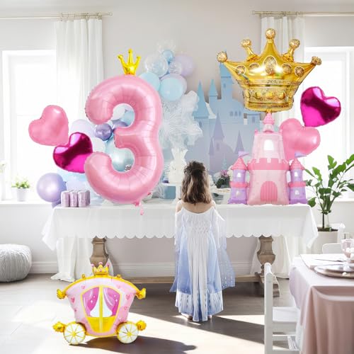Princess Birthday Balloons Set - Pink Crown, Castle & Carriage