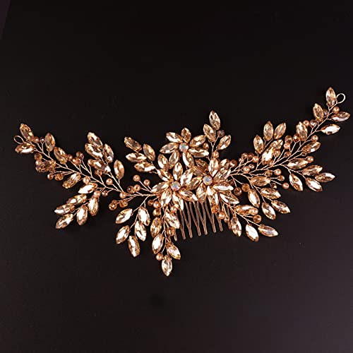 Champagne Rhinestone Flower Hair Comb for Bride - Handmade Headpiece