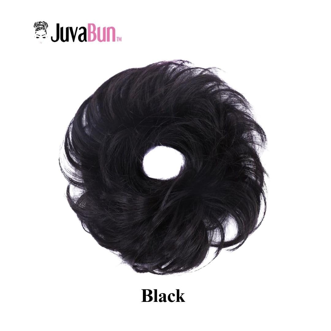 Juvabun Small Messy Bun Hair Piece Black – Wavy Curly Synthetic Chignon Scrunchie for Women, Mini Updo Hair Bun Extension for Thin Fine Hair, Washable Natural Looking Hairpiece Daily Wear