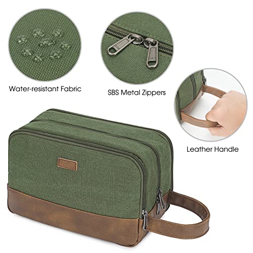 WANDF Green Travel Toiletry Bag for Men - Canvas Dopp Kit with Wet/Dry Separation