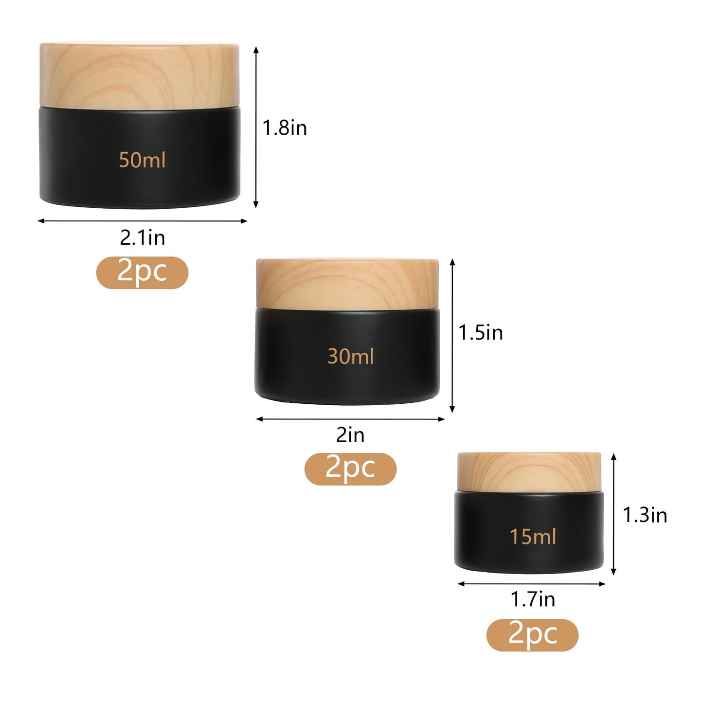 Miayon 6Pcs Glass Lotion Cream Container with Lid Refillable Empty Sample Cosmetic Jar for Makeup Scrub Cream Toiletries Home Travel (Black,15ml,30ml,50ml)