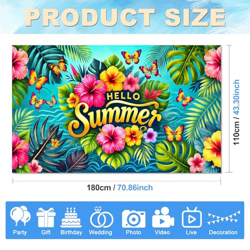 Hello Summer Banner - 71x43 Inch Tropical Party Decor