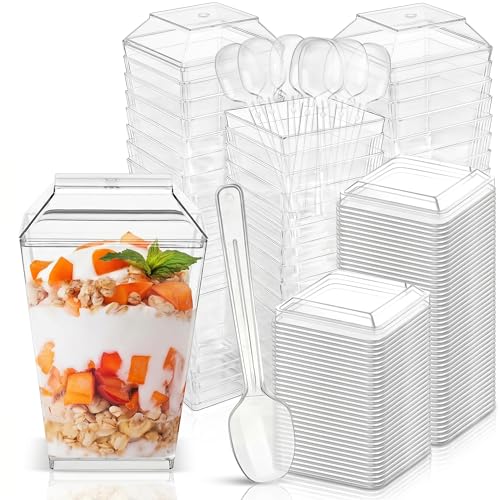 5 oz Clear Trapezoid Dessert Cups with Lids & Spoons - 75 Pack