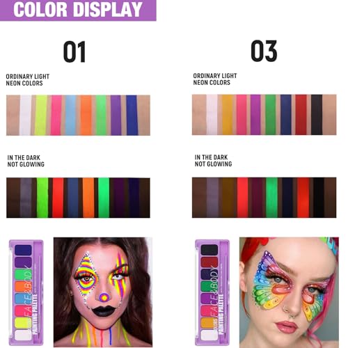 MEICOLY 2-Pack Water Activated Neon Face & Eye Paint Palette, 16 Colors - UV Glow, Matte, Hypoallergenic, Body & Face Makeup Kit