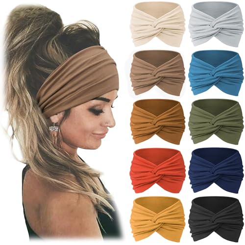 Jesries Extra Wide Turban Headbands for Women - 10 Pack, Soft Fabric