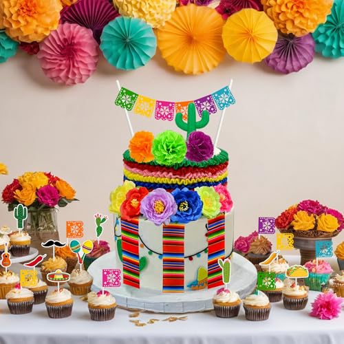 33 PCS Mexican Fiesta Cake Topper Set with Cactus & Flowers