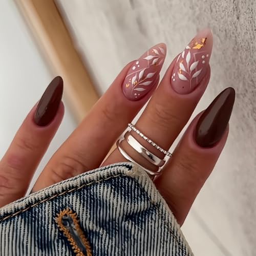 IMSOHOT Fall Brown White Maple Leaf Fake Nails - Medium Almond Press-On 24Pcs B012Brown