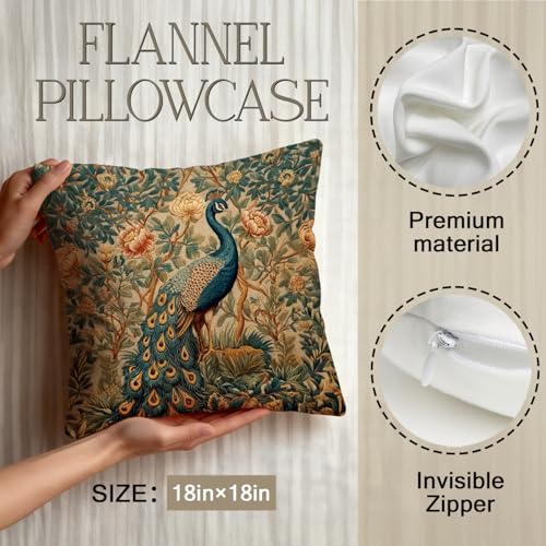 Vintage Peacock Floral Throw Pillow Cover - 18x18 Inch Flannel Cushion