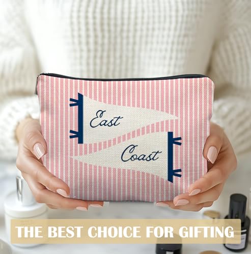 Pink Striped Makeup Bag for Women - Coastal Cosmetic Pouch