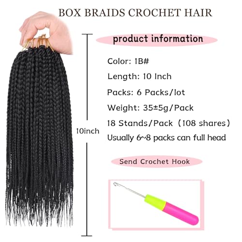 XTREND 10 inch Box Braids Crochet Hair Pack – Pre-Looped 18 Strands/Pack, 6 Packs, 108 Strands, Knotless Bohemian 1B