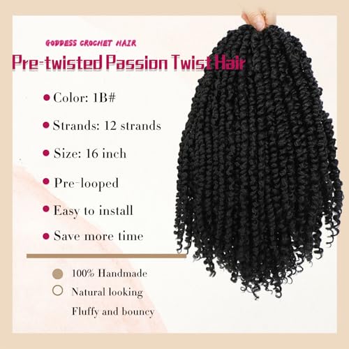 16 Inch Pre-Twisted Passion Twist Crochet Hair - 8 Packs Natural Black