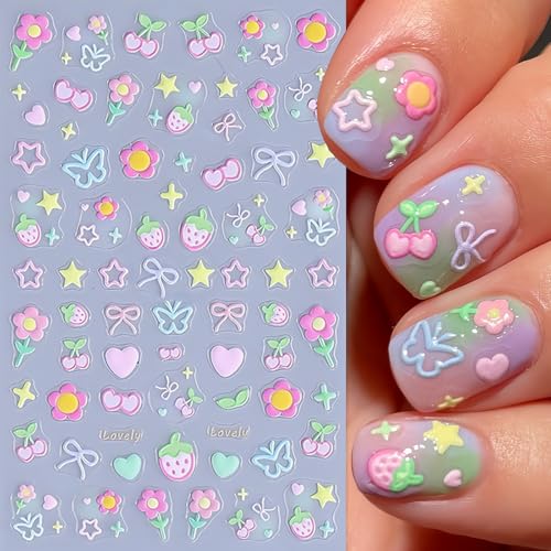 4Pcs 3D Flower Nail Art Stickers - Cherry & Strawberry Design
