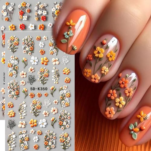Brtavizvy 4 Sheets Spring Floral Nail Stickers with Tweezers - Green Vine Leaves, Colorful Petals, 5D Embossed Autumn Daisy Nail Decals (Multicolor)