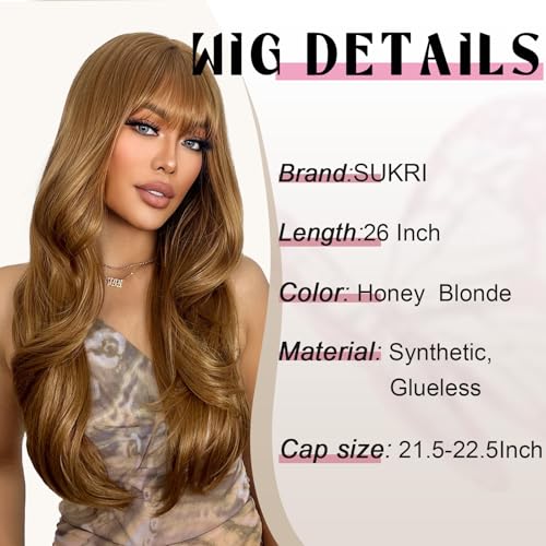 SUKRI Honey Blonde Wavy Long Wig with Bangs - 26 Inch Layered Hair for Women, Heat-Resistant Fiber, Beginner Friendly