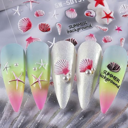 Jaliya 5D Embossed Ocean Nail Stickers - Summer Beach Shell & Sea Animal Decals