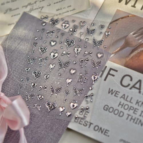 Rdntbeu 5D Embossed Nail Art Stickers Style-28 Self-Adhesive Hearts & Butterflies Goth Design