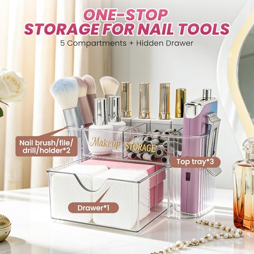 BQAN Clear Acrylic Nail Organizer with Drawer – 6-Compartment Beauty/Tool Storage