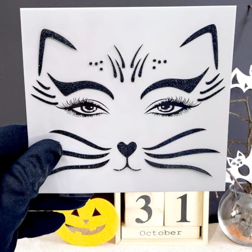 Halloween Cat Face Sticker Set with Glitter Black Cat Whiskers & Features