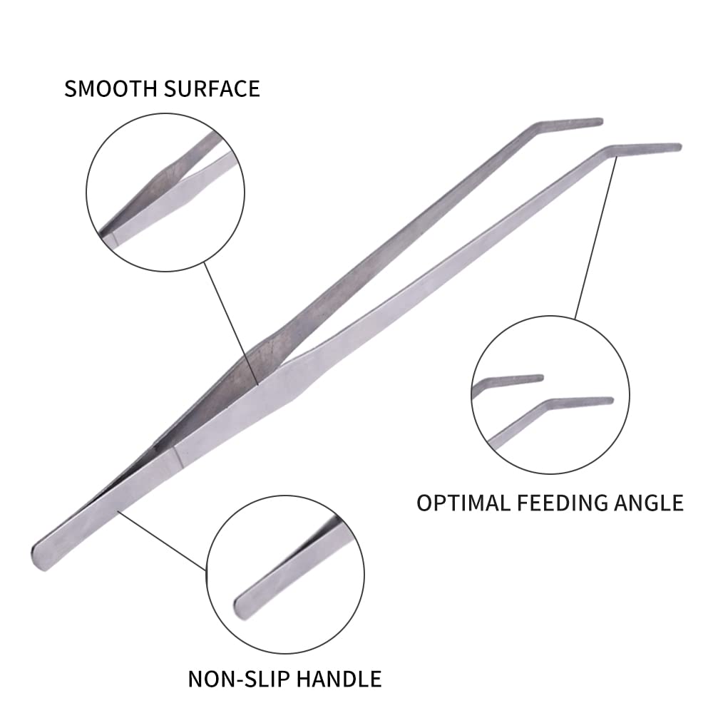 Firesteed Extra Long Handle Aquarium Tweezers Serving Tongs Feed clamp,2 Pack Stainless Steel Straight and Curved Tweezers Set for Fish Tank Plants Reptile Feeding Tongs（15 Inchs）