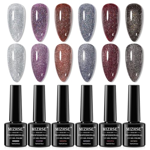 MIZHSE Reflective Diamond Gel Nail Polish Set - 12 Colors Glitter UV LED Kit