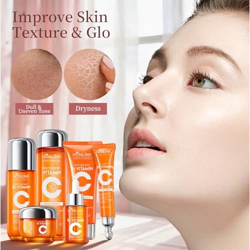 6-Piece Hydrating Vitamin C Skincare Set with Niacinamide, Daily Face Care Routine Includes Cleanser, Toner, Serum, Moisturizer, Eye Cream & Body Lotion for Self Care