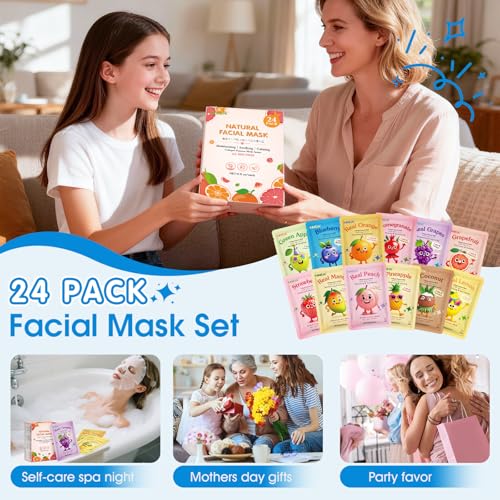 KONEUK 24 Pack Fruit Cartoon Face Mask Set, Collagen Hydrating Skincare