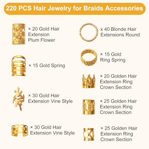 220Pcs Gold Hair Jewelry for Dreadlocks & Braids - CPOXITI