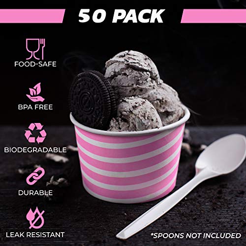 TYPTOP Pink Stripe Ice Cream Cups - 8 oz, 50 Pack, Durable Disposable Snack Bowls for Parties