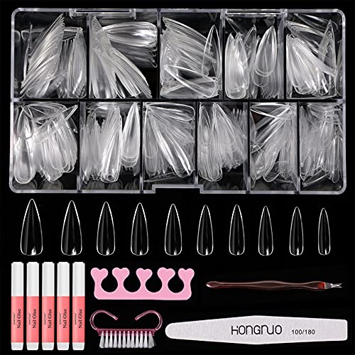COOLOOK 500pcs Long Stiletto Nail Tips Kit with Glue, File & Cuticle Tools