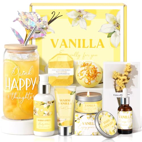 GiftPeak Vanilla Spa Gift Basket for Women - Relaxing Self-Care Set with Candle & Body Lotion