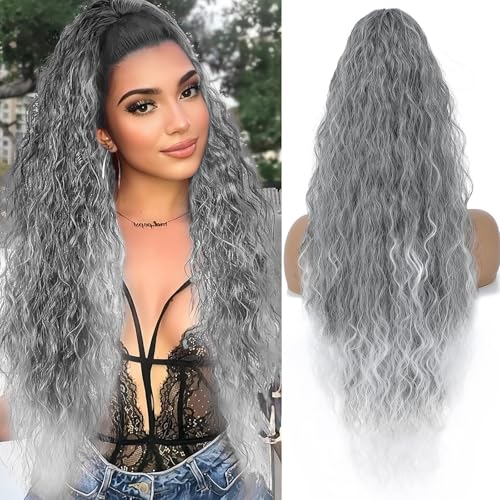 30-Inch Wavy Claw Clip Ponytail Extension - Ombre Grey Curly Hair